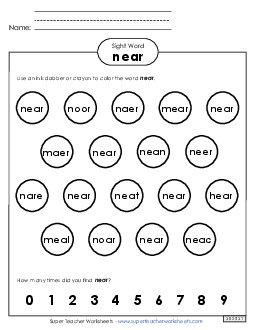 Dab or Color: Near Free Sight Words Individual Worksheet