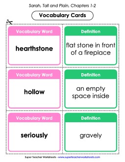 Vocabulary Cards for Chapters 1-2 Book Sarah Plain And Tall Worksheet