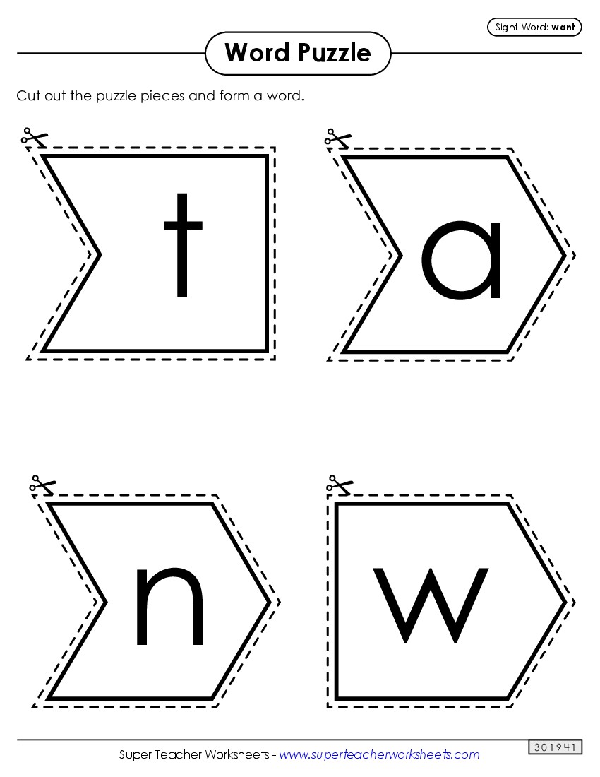 Word Puzzle: Want Sight Words Individual Worksheet