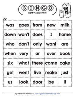 Sight Word Bingo (Unit 24) Sight Words Worksheet