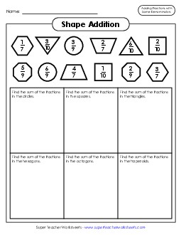 Addition Shapes (Fractions; Same Denominators) Worksheet