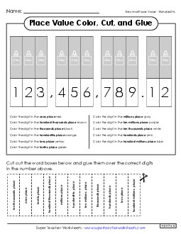 Place Value: Color, Cut, and Glue (Hundredths) Worksheet