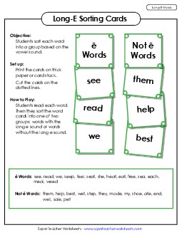 Word Sorting Cards (Long E Words) Phonics Long Short E Worksheet