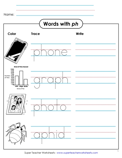 New Color, Trace, and Write (PH Words) Worksheet