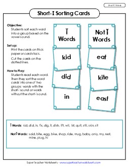 Word Sorting Cards (Short I Words) Phonics Long Short I Worksheet