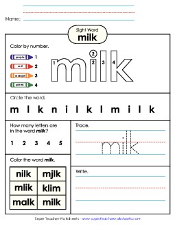 Milk (Sight Word) Sight Words Individual Worksheet