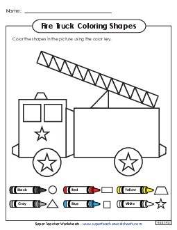 Coloring Shapes - Fire Truck Geometry Worksheet