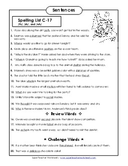 Spelling Test Sentences (C-17) Spelling C Worksheet