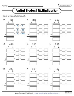 Write Out the Factors (Partial Products: 3-Digit by 1-Digit) Multiplication Worksheet