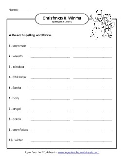 Write Twice (C-Christmas)  Spelling C Worksheet