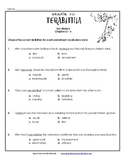 Vocabulary for Chapters 5 and 6 Book Bridge To Terabithia Worksheet