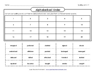 ABC Order: Cut-Paste (E-17) Spelling E Worksheet