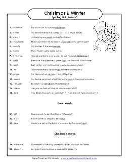 Spelling Test Sentences (C-Christmas)  Spelling C Worksheet