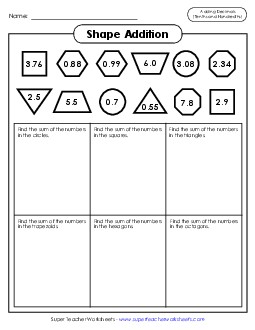 Shape Addition (Decimals; Tenths & Hundredths) Worksheet