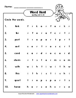 Horizontal Word Hunt (A-28) Spelling A Worksheet