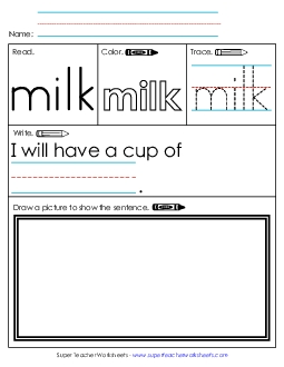 Worksheet 3: Milk Sight Words Individual Worksheet