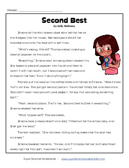 Second Best (Fiction) 3rd Grade Reading Comprehension Worksheet