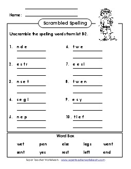 Unscramble the Words (B-2) Spelling B Worksheet