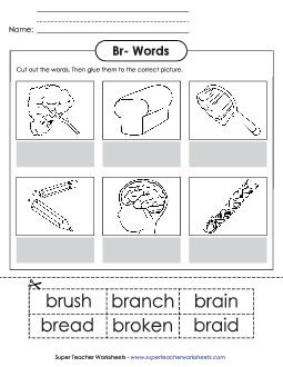 Cut-and-Glue (Br- Words) Phonics Blends Worksheet