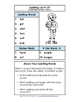 Spelling List A-29 Spelling A Worksheet