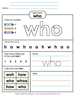 Worksheet 4: Who Sight Words Individual Worksheet