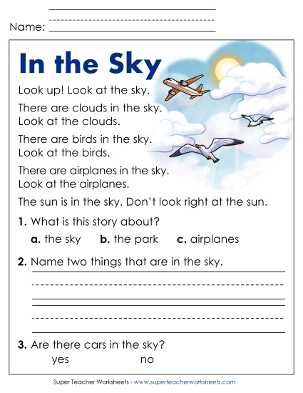 In the Sky Reading Comprehension Reading Comp Kindergarten Worksheet