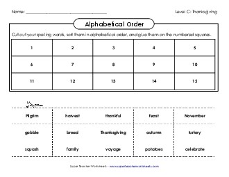 ABC Order: Cut and Glue (C-Thanksgiving)  Spelling C Worksheet