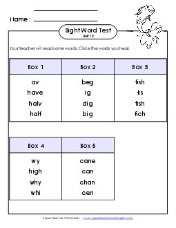 Whole Class Test (Unit 12) Sight Words Worksheet