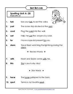 Spelling Test Sentences (A-28) Spelling A Worksheet