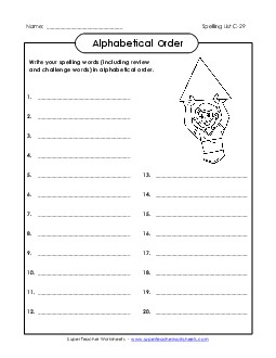 ABC Order: Write List (C-29) Spelling C Worksheet