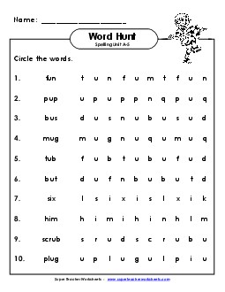 Horizontal Word Hunt (A-5) Spelling A Worksheet