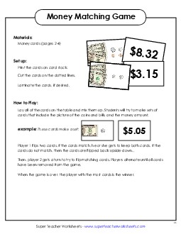 Money Matching Game Counting Money Worksheet