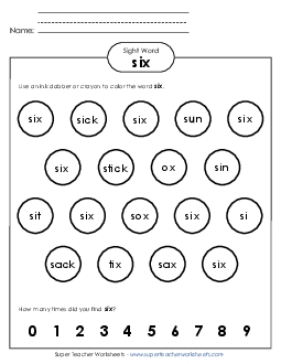 Dab or Color: Six Sight Words Individual Worksheet