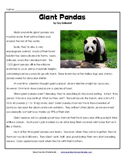 Giant Pandas 5th Grade Reading Comprehension Worksheet