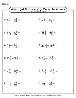 Adding and Subtracting Mixed Numbers with Like Denominators (Horizontal)  Fractions Worksheet