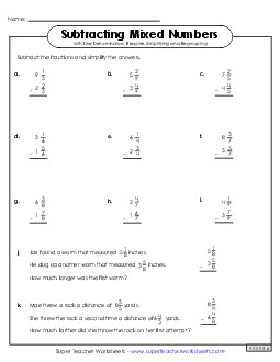 Mixed Number Subtraction Practice (with Simplifying and Regrouping) Fractions Worksheet