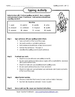 Typing Sentences (E-15) Spelling E Worksheet