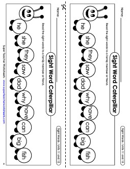 Sight Word Caterpillar: Units 11 and 12 Sight Words Worksheet