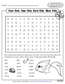 Word Search: One Fish, Two Fish Picture Book One Fish Two Fish Worksheet