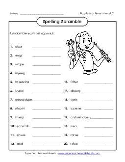 Word Scramble (C-Simple Machines Words)  Spelling C Worksheet