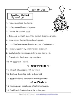 Spelling Test Sentences (B-9) Spelling B Worksheet