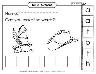 Build Words: Bat and Hat Phonics Cvc Worksheet