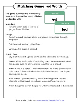 Memory Match Game (-ed) Word Families Worksheet