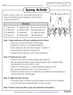 Typing Sentences (F-21) Spelling F Worksheet