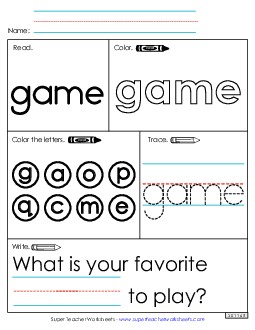 Worksheet 1: Game Sight Words Individual Worksheet