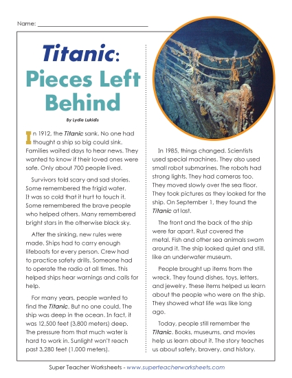 New Titanic: Pieces Left Behind Reading Comprehension Worksheet