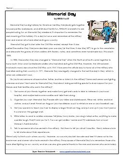 Memorial Day (Article) Free 4th Grade Reading Comprehension Worksheet