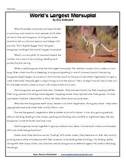 World\'s Largest Marsupial 6th Grade Reading Comprehension Worksheet