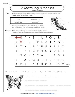 Word-Maze Puzzle: Butterfly Life Cycle A Maze Ing Worksheet