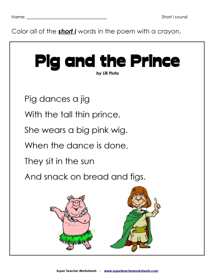 Phonics Poem: Pig and the Prince Worksheet